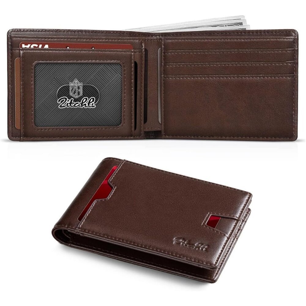 Men's Chocolate Premium Vegan Leather Wallet Slim Blocking Credit Card Design - Picture 1 of 8